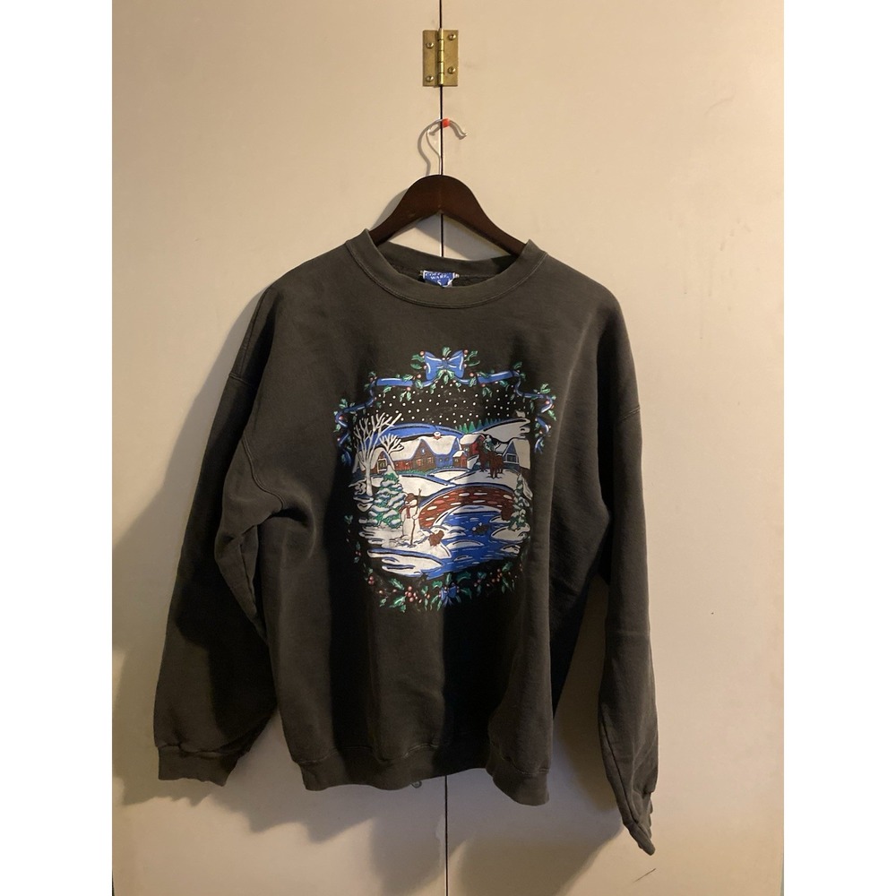 College Ware USA Sweatshirt Mens Small Black Good Vintage 90s Christmas Reindeer
